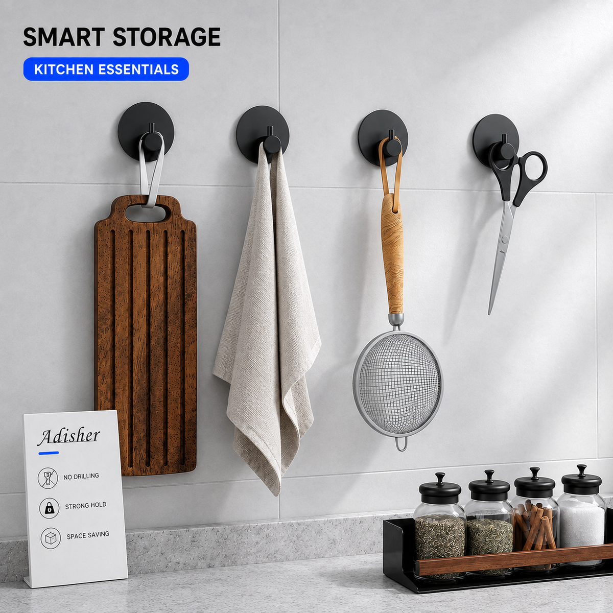 Self Adhesive Hooks 4 Pack Extra Sticky for Bathroom Kicthen Door Hanging