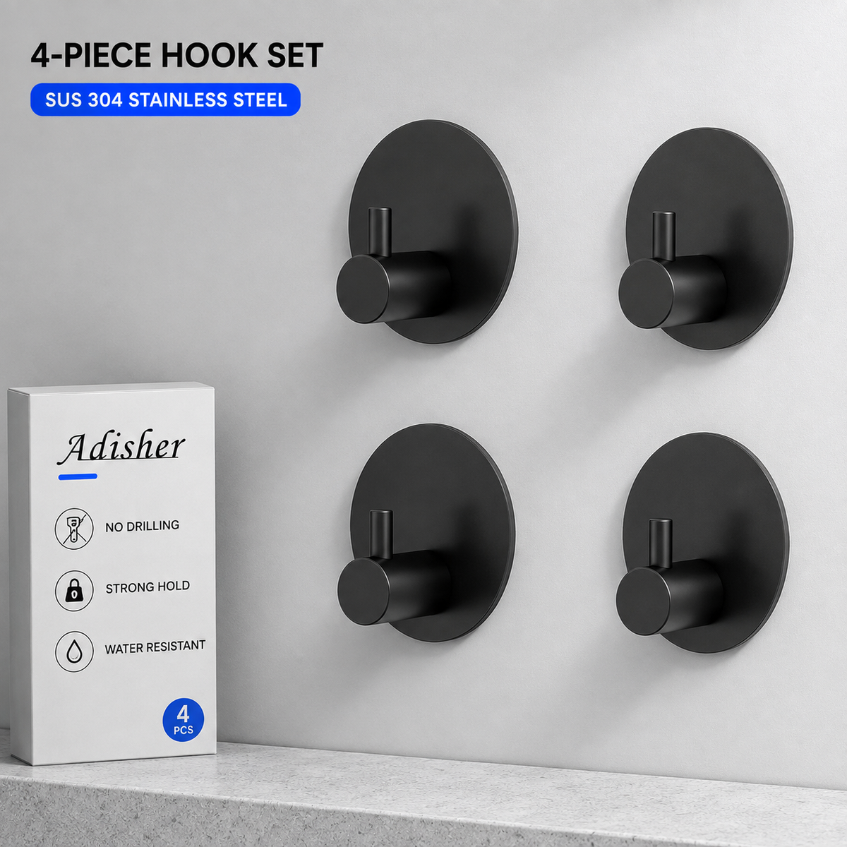 Self Adhesive Hooks 4 Pack Extra Sticky for Bathroom Kicthen Door Hanging