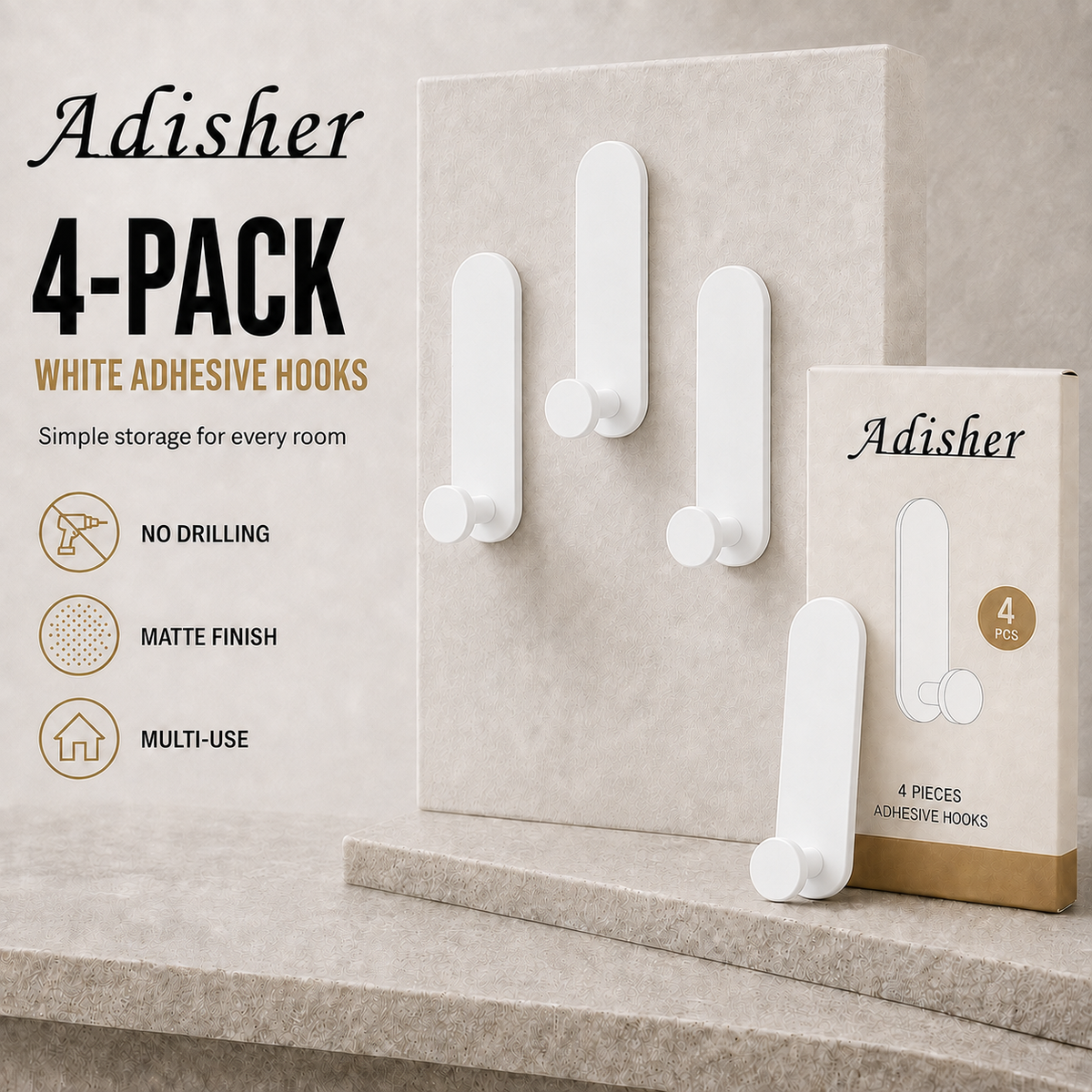 Sticky Hooks Extra Strong Self Adhesive Towel Holder Hooks Stick on Wall Over Door for Hanging Coat Hat Robe Bath Towel in Bathroom Shower Kitchen,4 Pack