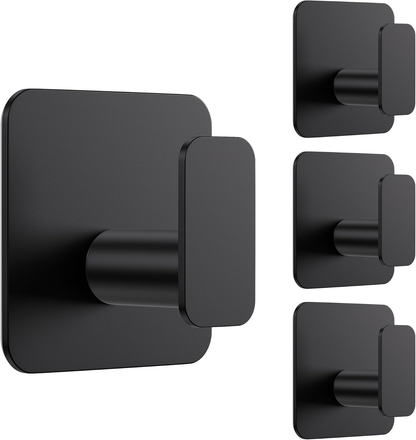 Large Self Adhesive Hooks 4 Pack, Over 10kg Load - Stick on Hooks Heavy Duty Stainless Steel, Strong Sticky for Hanging Towel, Coat, Robe, Tea Towel Holder for Door or on Wall - Black