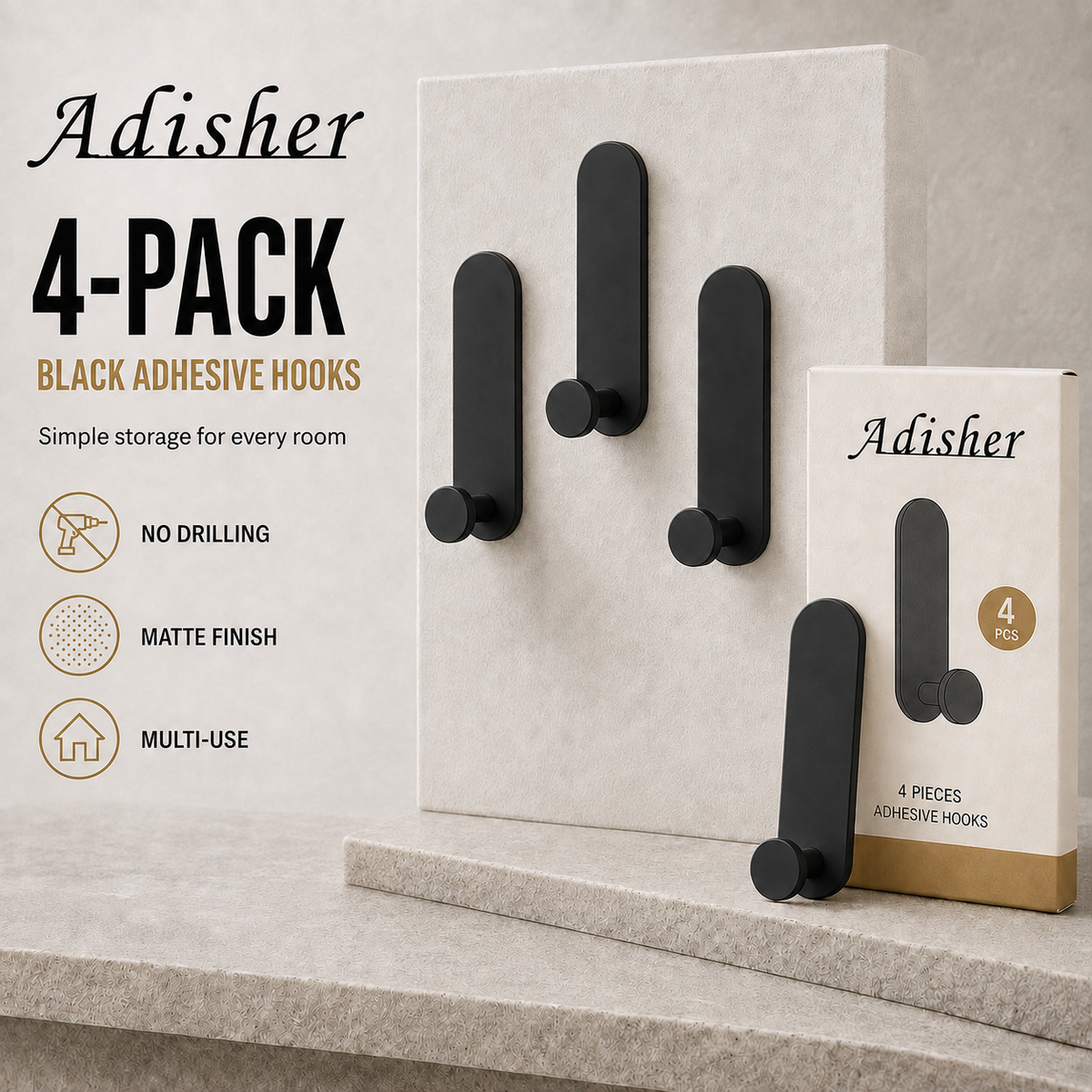Sticky Hooks Extra Strong Self Adhesive Towel Holder Hooks Stick on Wall Over Door for Hanging Coat Hat Robe Bath Towel in Bathroom Shower Kitchen,4 Pack