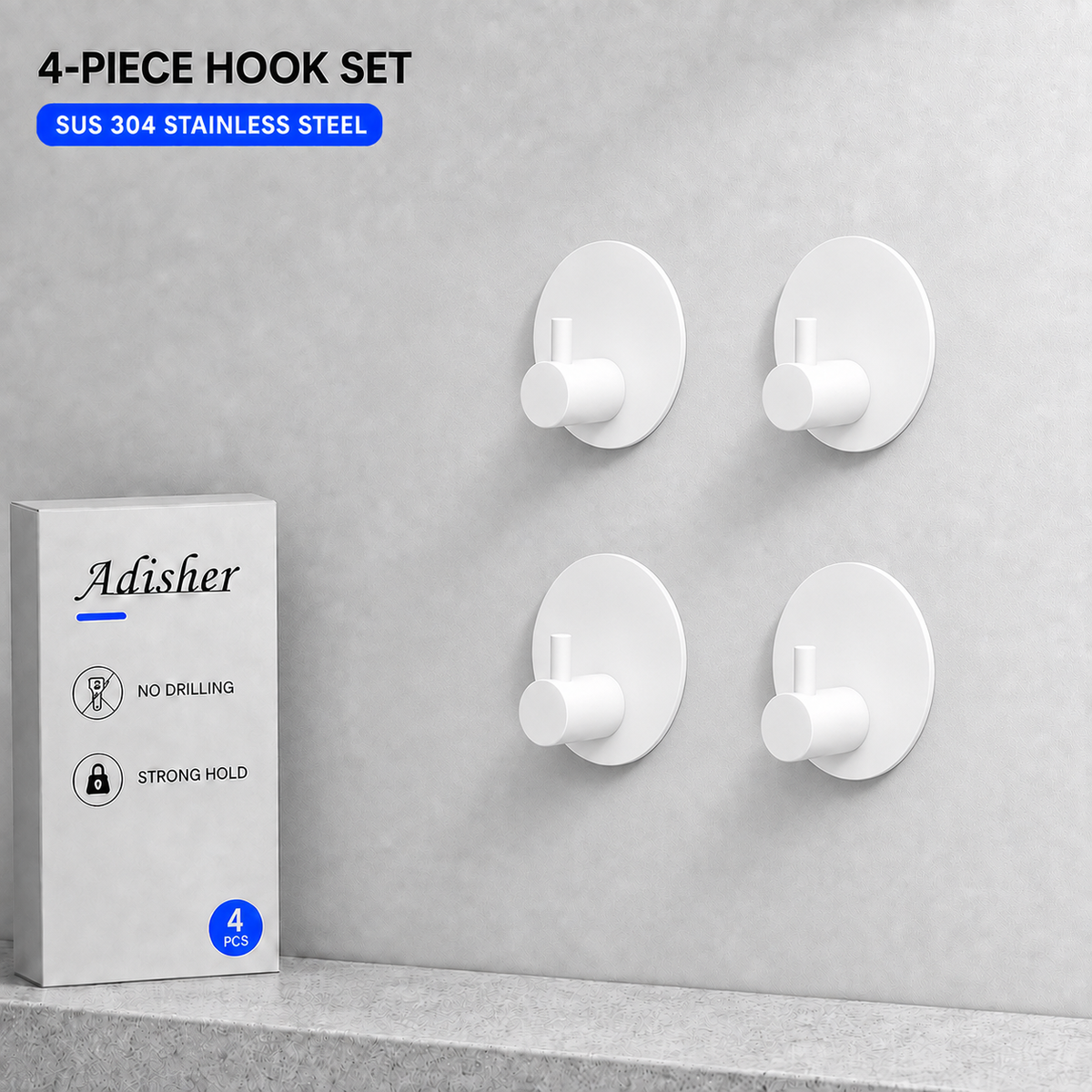 Self Adhesive Hooks 4 Pack Extra Sticky for Bathroom Kicthen Door Hanging