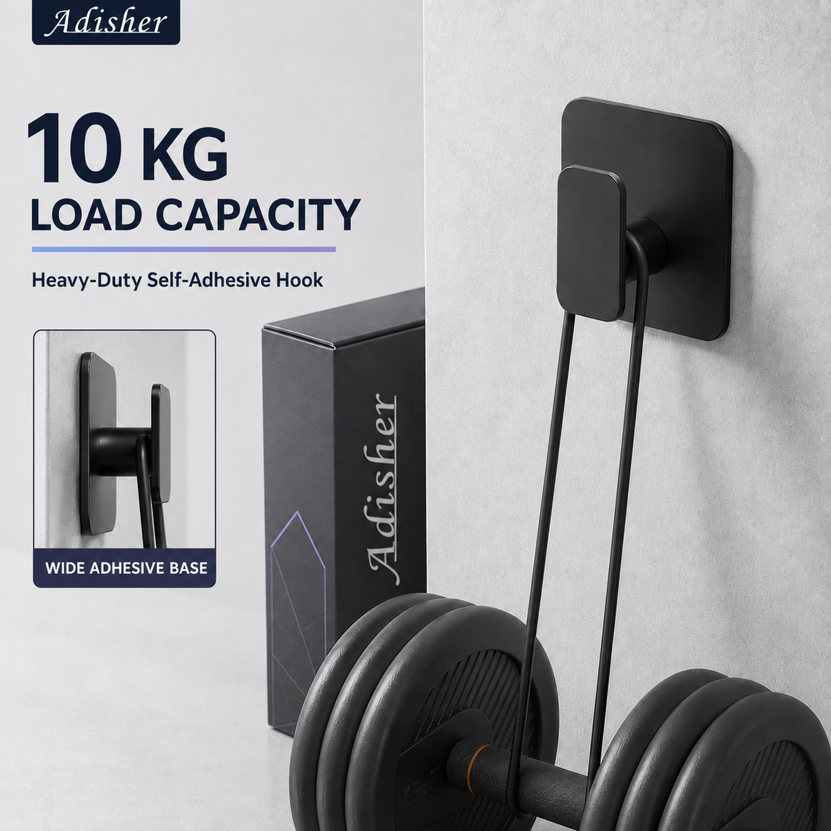 Large Self Adhesive Hooks 4 Pack, Over 10kg Load - Stick on Hooks Heavy Duty Stainless Steel, Strong Sticky for Hanging Towel, Coat, Robe, Tea Towel Holder for Door or on Wall - Black