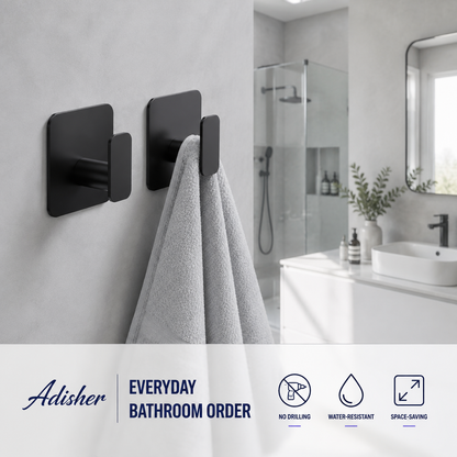 Large Self Adhesive Hooks 4 Pack, Over 10kg Load - Stick on Hooks Heavy Duty Stainless Steel, Strong Sticky for Hanging Towel, Coat, Robe, Tea Towel Holder for Door or on Wall - Black