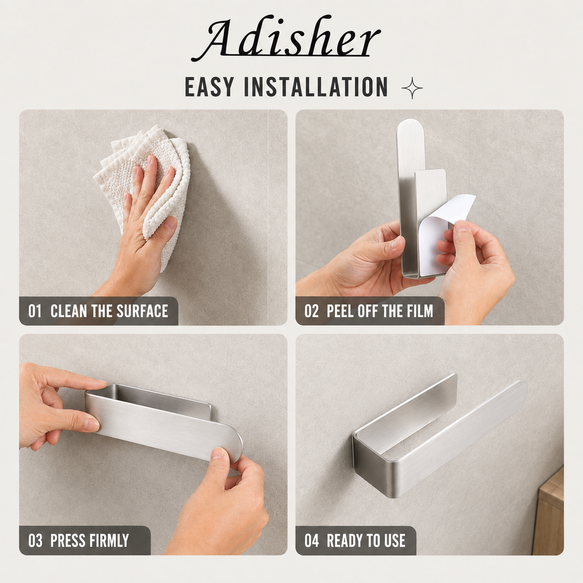 Hand Towel Holder, Self Adhesive Towel Ring, Stainless Steel, Silver